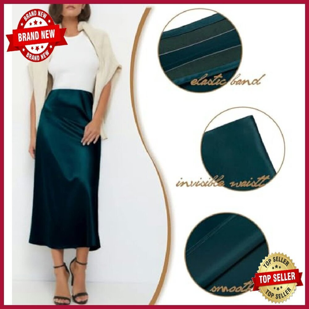 High Waist Satin Midi Skirt Elastic Summer Casual Women's - Picture 5 of 6